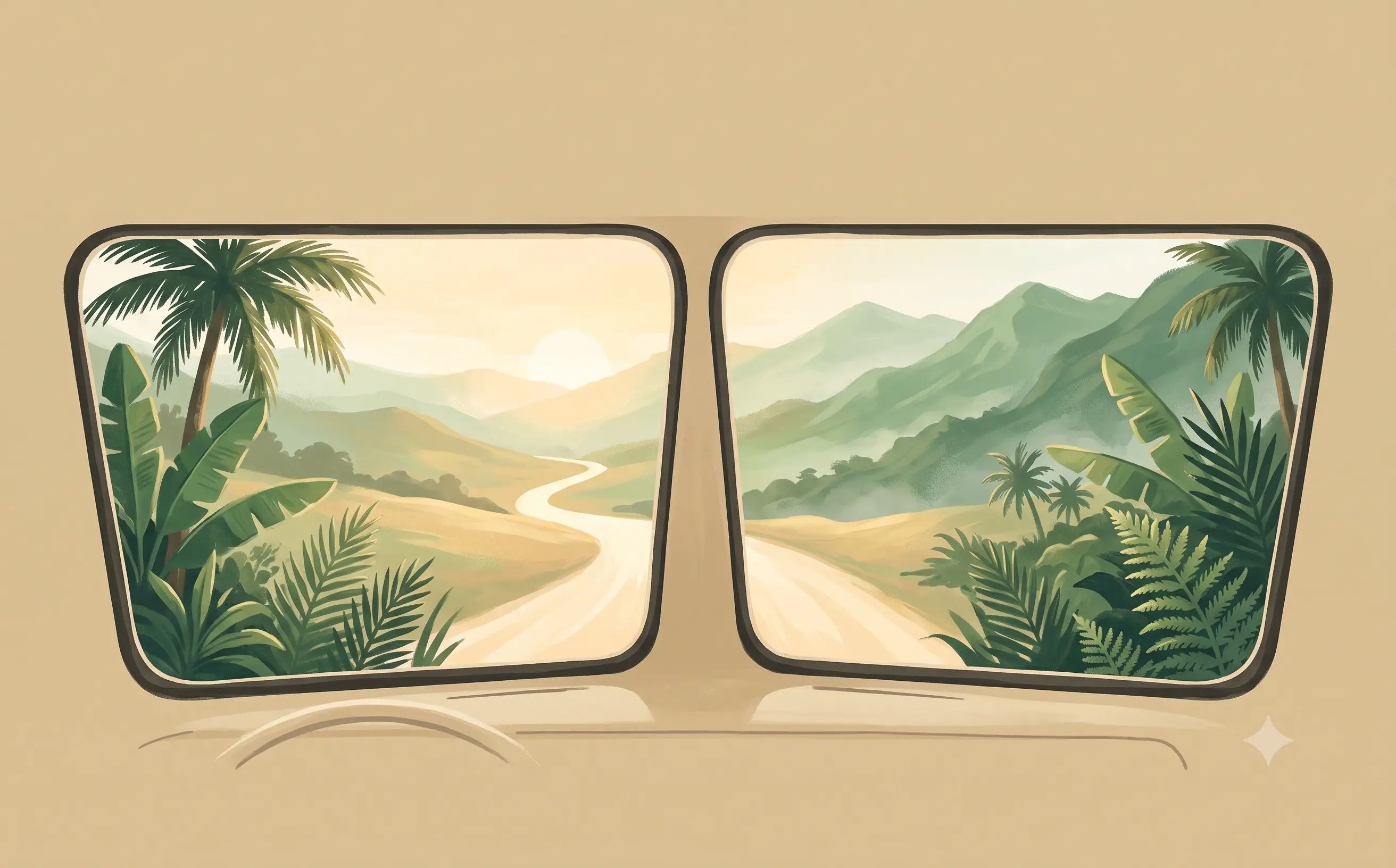 The open road ahead, seen through the Kombi split-windshield